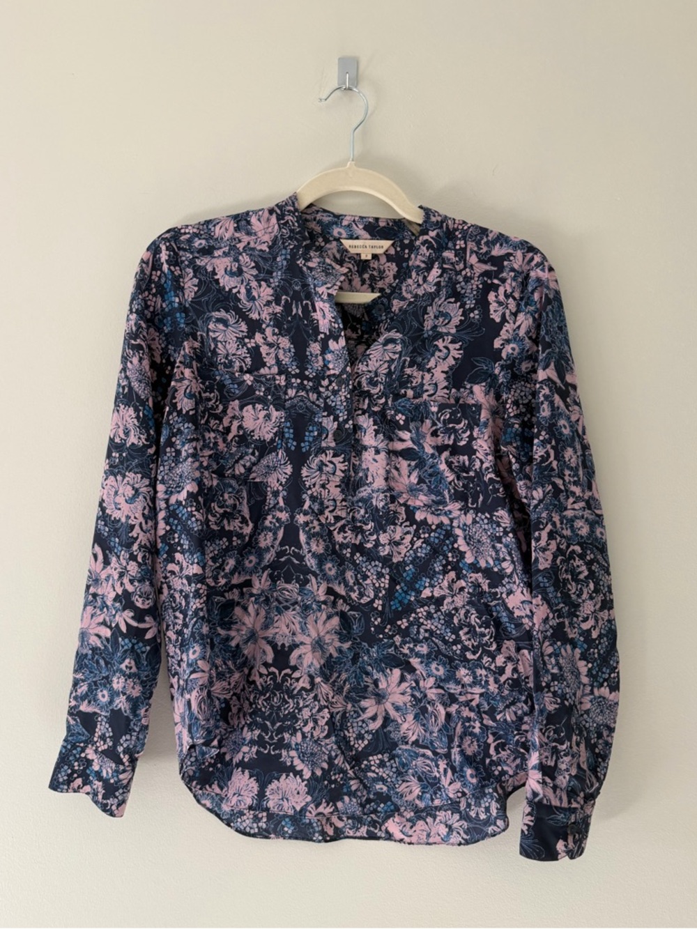 Rebecca Taylor silk floral blouse, blue pink long sleeve button-up, size 2